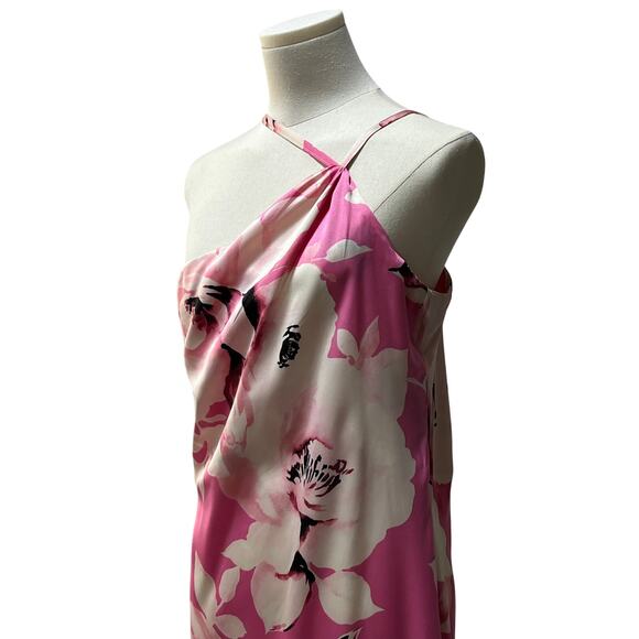 The Fashion Poet Womens Large One Shoulder Halter Floral Satin Maxi Dress Pink - Picture 7 of 13